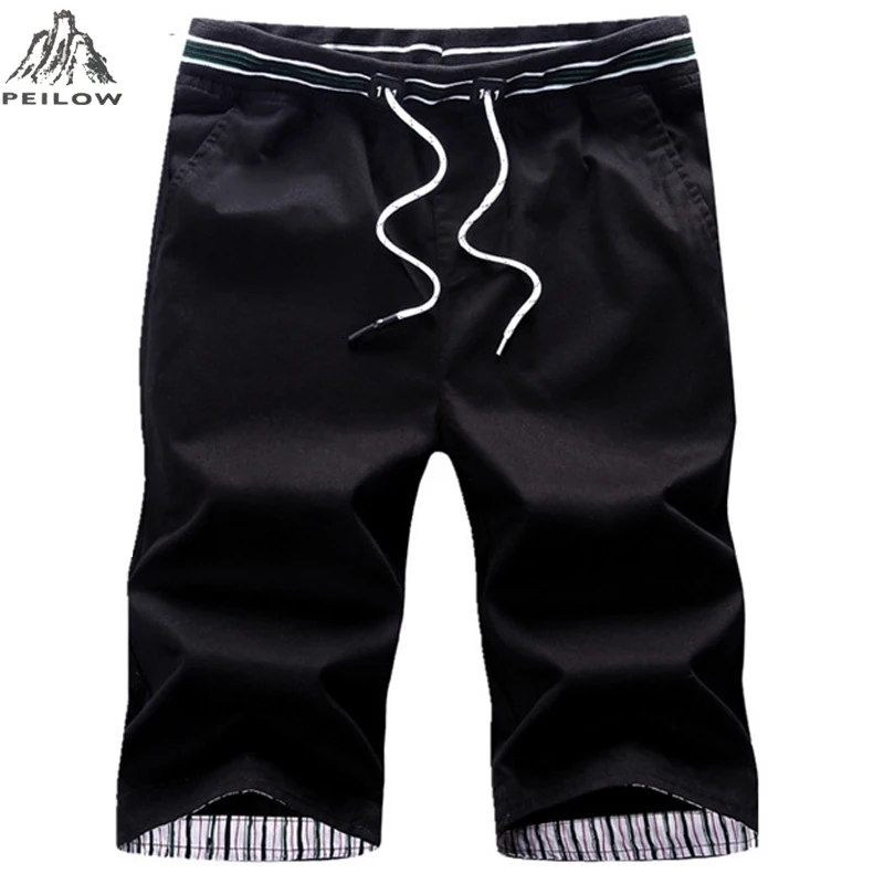 Peilow Летние повседневные шорты Для мужчин хлопок Slim Fit Solid Цвет до колена эластичный пояс Бермуды пляжные шорты брюки размер M~ 5XL