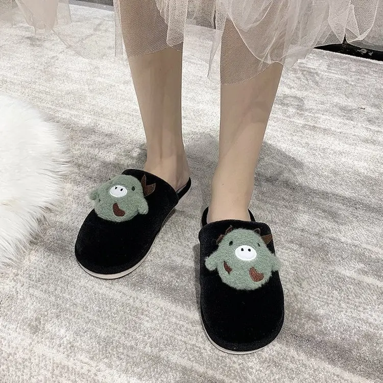 New Home Cute Cow Cotton Slippers Ladies Autumn and Winter Comfortable Slippers Furry Slippers Women Fashion Women's Shoes