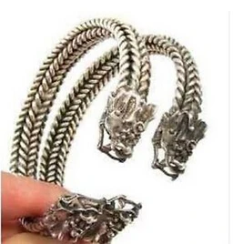 &gt Чудесный тибетский серебряный 2 шт Тибетский дракон голова манжеты мужской