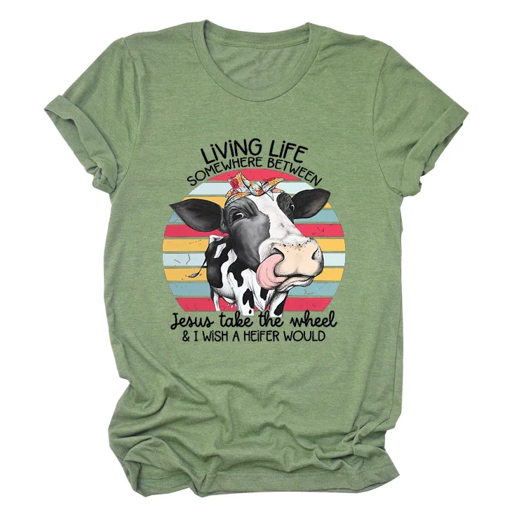 

Women's Living Life Jesus Cute Cow Printed Y2K Harajuku Loose Tee Summer Funny Cartoon Trendy Round Neck Kawaii Casual T Shirt