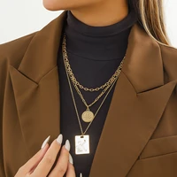 punk layered chain with coinsquare pendant necklace for women 2022 fashion letters necklaces set neck jewelry