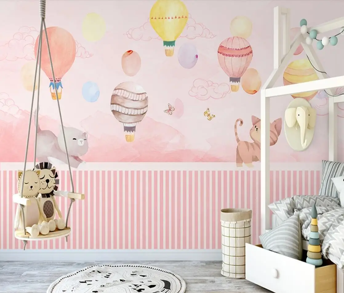 Pink Hot Air Balloon Wall Mural for Kids Bedroom Wallpaper Large Photo Printed Papers Home Decor Papel De Parede Customize | Обустройство