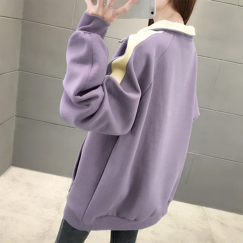 

New Autumn Winter Thick Warm Coat Velvet Women Sweatshirt Solid Splicin Pullover Casual Tops Lady Loose Long Sleeve Polo Collar