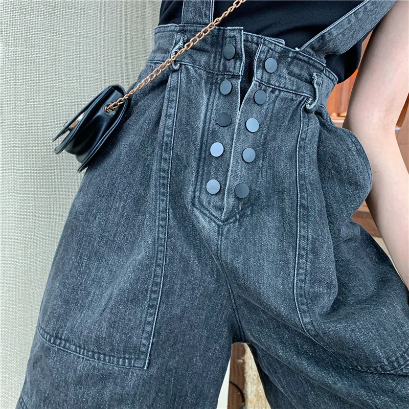 

Rompers Women Retros Denim Overalls High Waist 2021 Summer Casual Wide Leg Single Breasted Playsuits Korean Style Fashion Strap