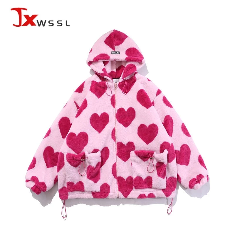 

Fashion Love Print Hooded Fur Coat Women Faux Lamb Fur Jacket Winter Thick Warm Overcoat Female Loose Plush Coat