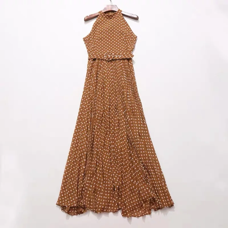 Pinkoz polka dot sleeveless maxi dress women party dinner halter pleated runway luxury chiffon brown with belt vintage | Женская одежда