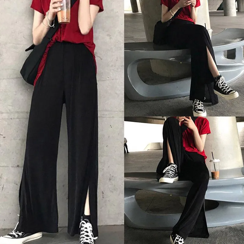 

Wide Leg Pants For Women Summer Comfy Breathable Casual High Waist Pants Ladies Loose Elastic Black Split Pants new