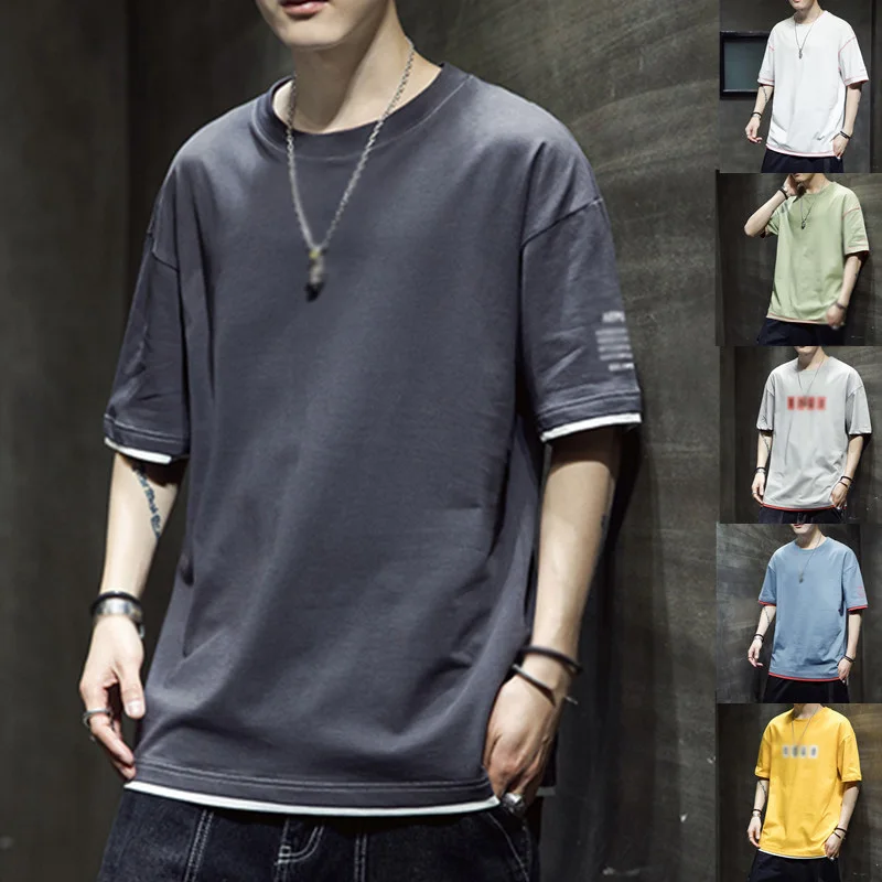 

Футболка мужская с коротким рукавом и круглым вырезом, приталенная хлопковая рубашка, модная с принтом, топ с полурукавами, на лето