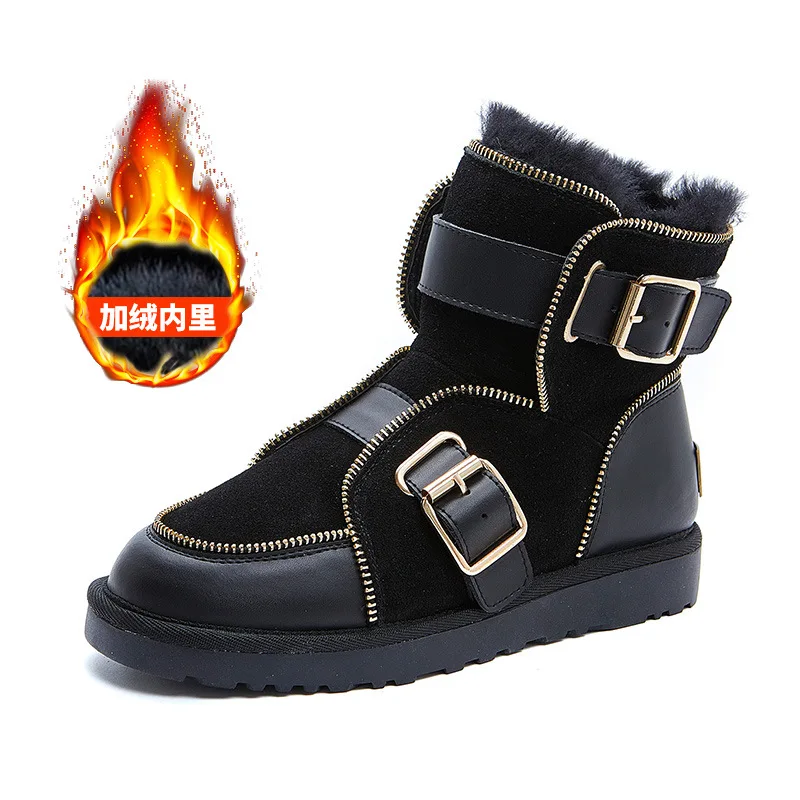 

Zipper motorcycle snow boots women's 2020 winter new plush thickened warm short boots net red metal thick soled cotton shoes