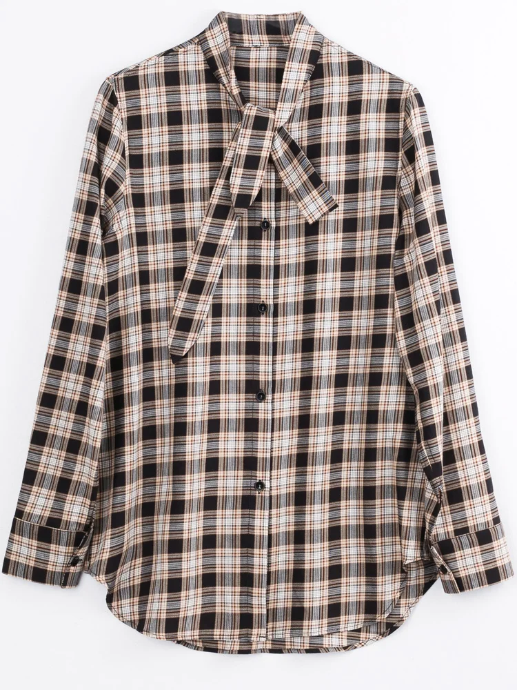 

New Butterfly Knot Long Sleeve Standing Collar Bottom Shirt for Spring 2020 Korean Version Loose Chequered Shirt Blouse