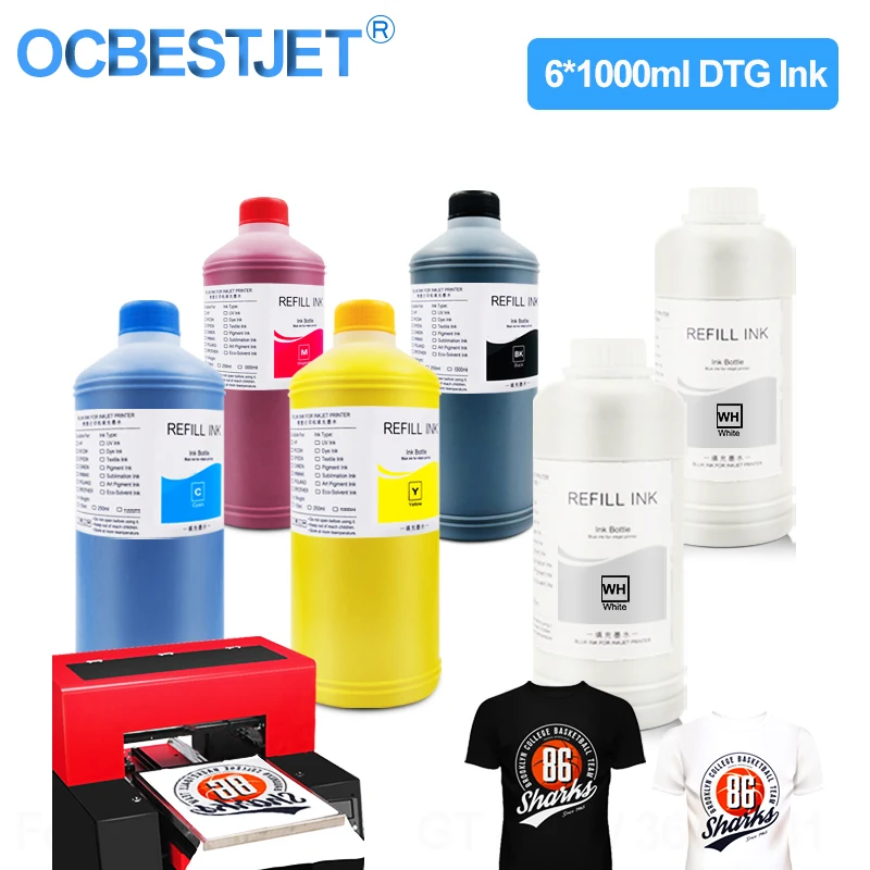 

1000ml*6 DTG Ink Textile Ink For Epson 1390 1400 1430 R1900 R2000 R3000 For DX5 DX6 DX7 DX10 Printhead DTG Printer Garment Ink