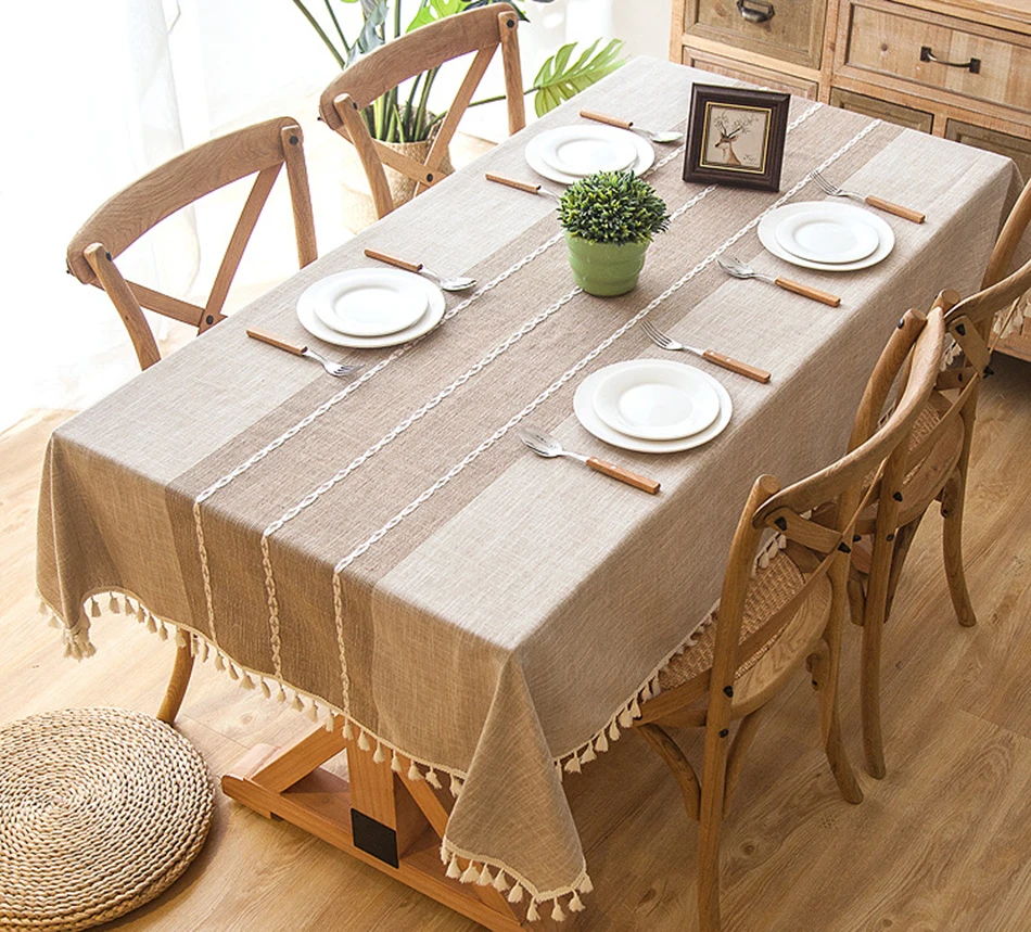 Клетчатая декоративная льняная скатерть с хлопковой кисточкой