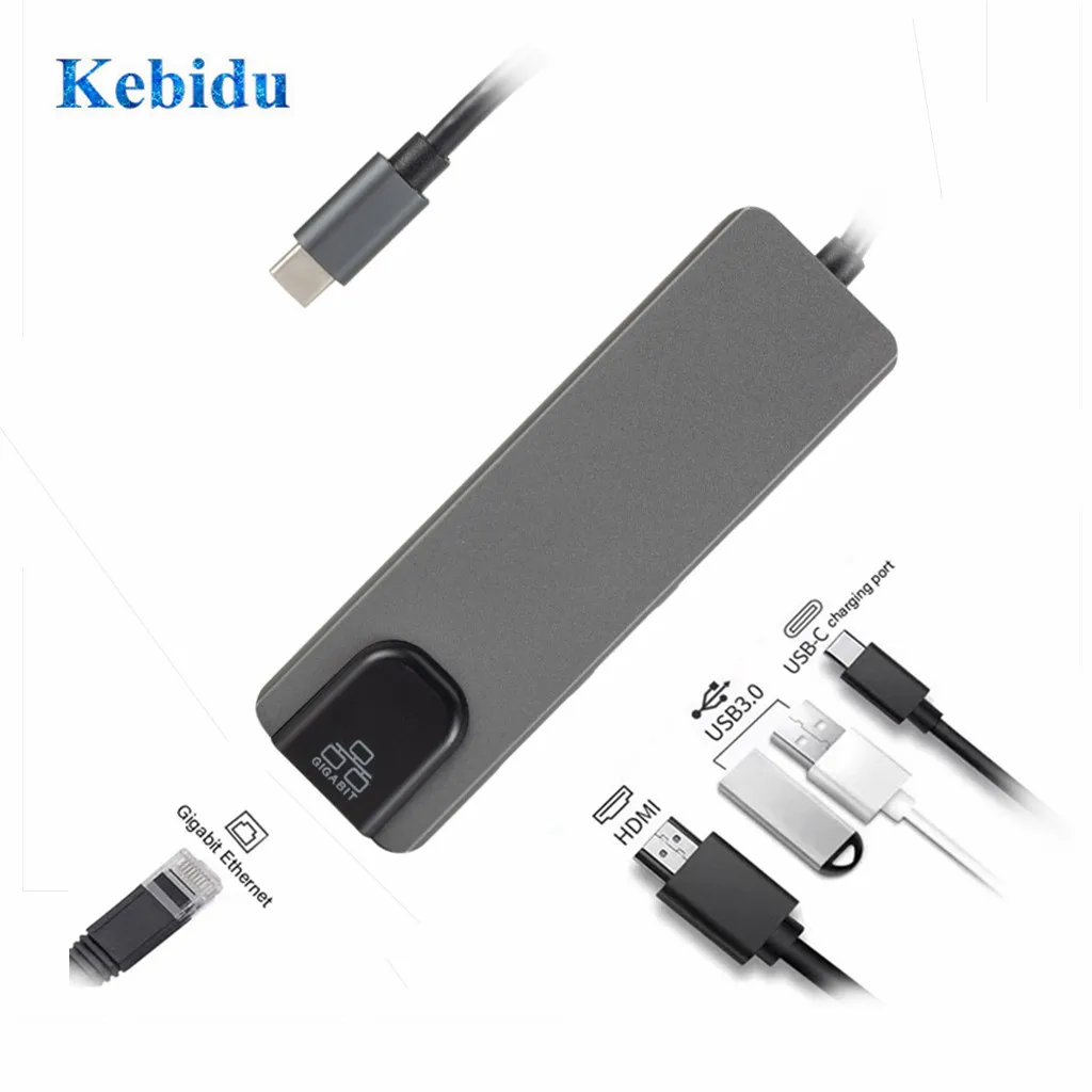 KEBIDU 5 в 1 концентратор USB Type C 4K Gigabit Ethernet Rj45 Lan адаптер для Mac book Pro Thunderbolt 3 зарядное