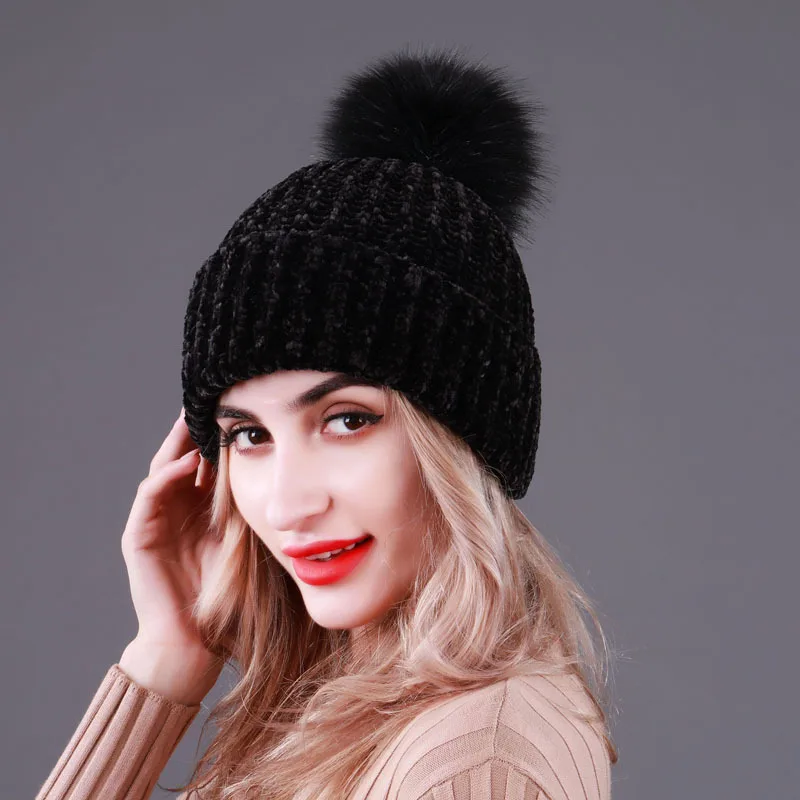 Женская Шапка бини из синели с помпоном зимние теплые шапки вязаная шапка