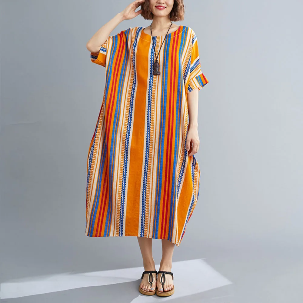 

Women's Autumn New Dress Casual Simple Style Fashion Short-sleeved Round Neck Vertical Stripes Contrast Printing Loose Dresses