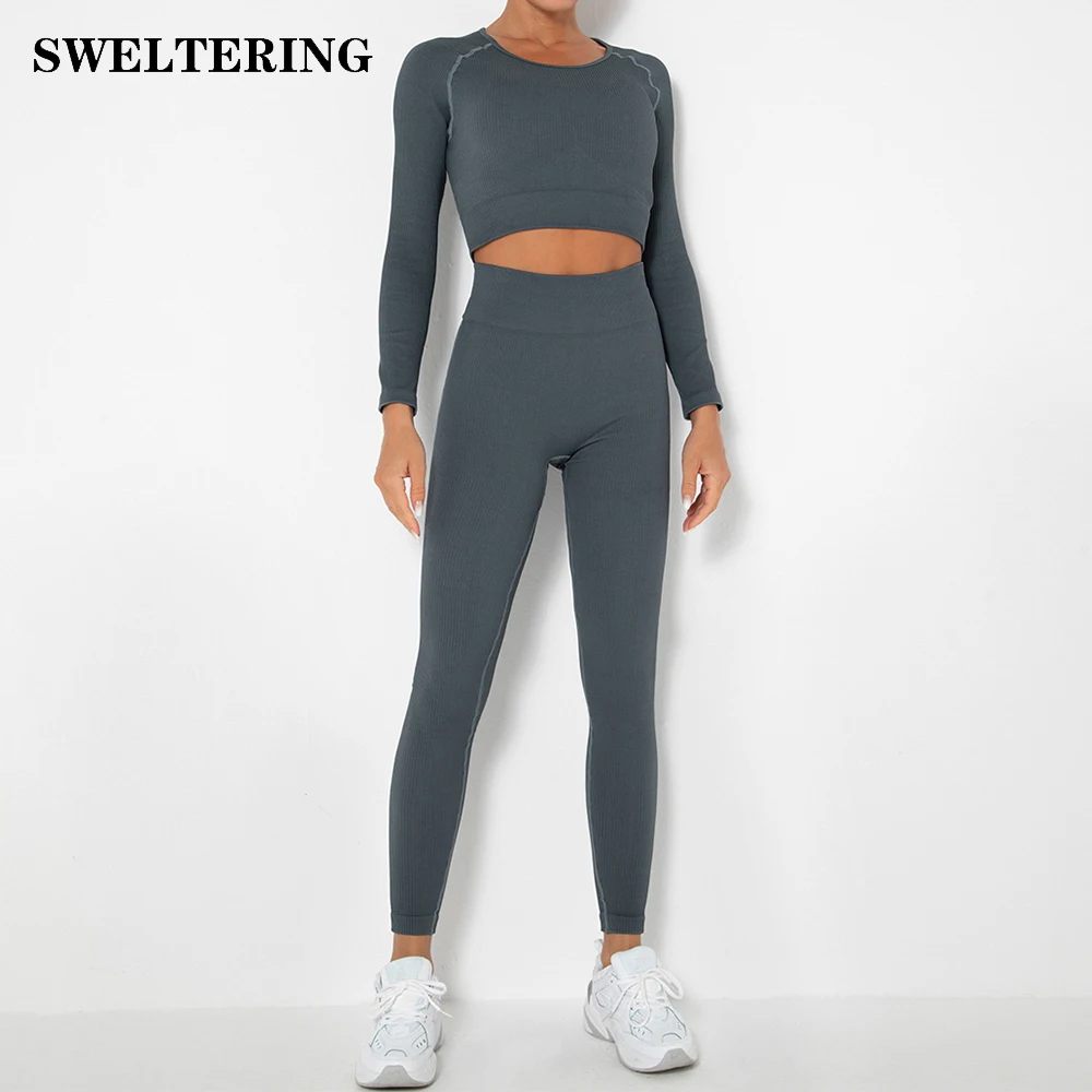 

Женские Бесшовные комплекты для йоги, одежда для фитнеса, рубашка с длинным рукавом, комплект для спортзала, спортивная одежда, леггинсы с в...