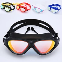 large frame colorful one piece earplugs goggles for adult hd anti fog waterproof swimming goggles flat light diving mask goggles