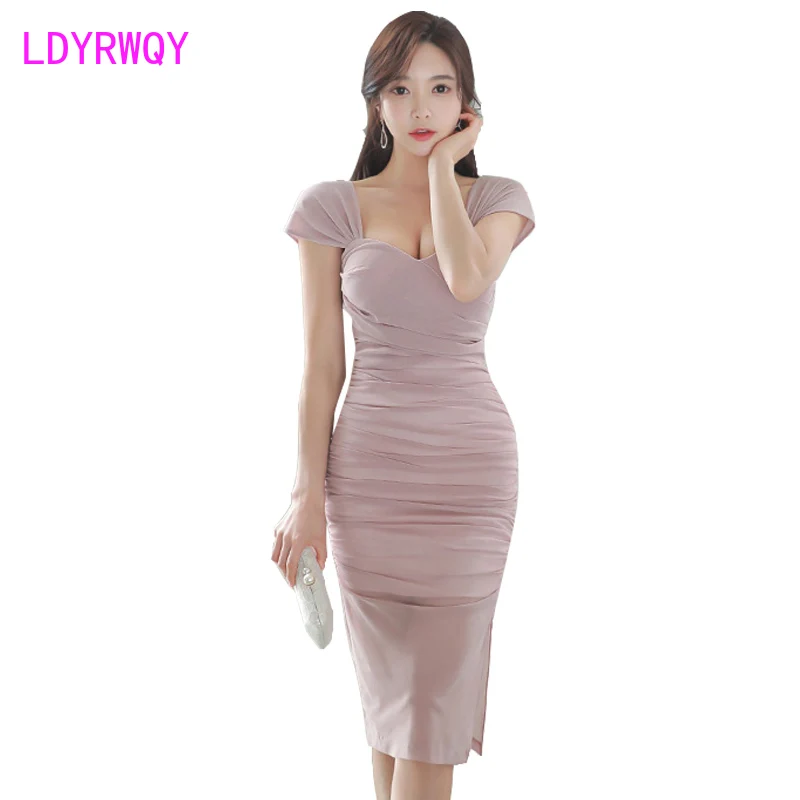

2020 Summer Women's Slim Thin Dress Short Office Lady Cotton Knee-Length V-Neck Summer Solid Sheath