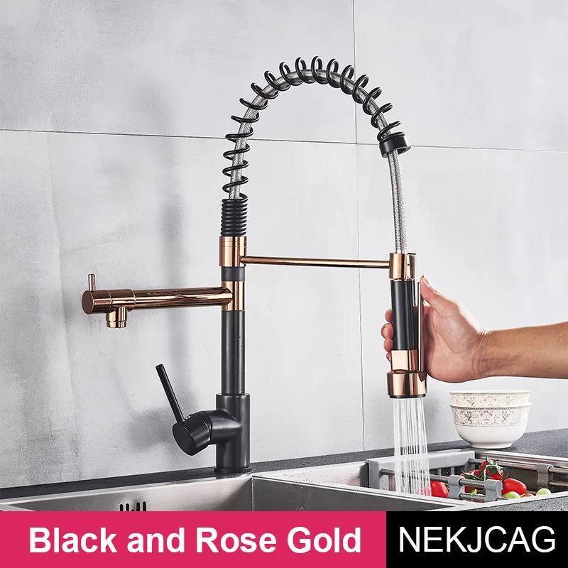 Black and Rose Gold Весенний кухонный кран нажимной разбрызгиватель с двойной насадкой смеситель с Одной ручкой раковина смеситель для горячей и холодной воды 360 in - Цвет: Black and Rose Gold