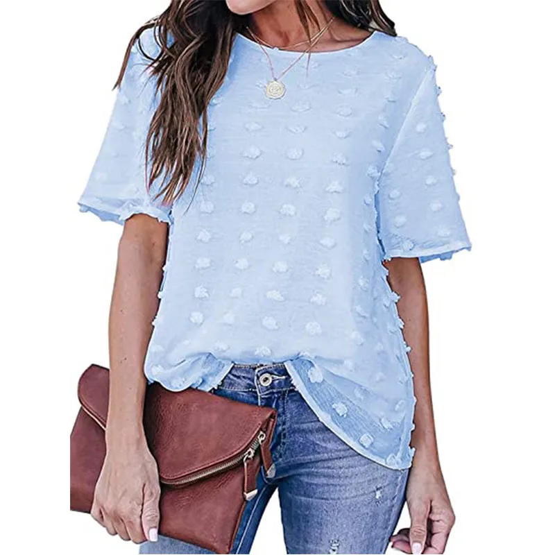 

Women Fashion T-Shirts Short Sleeve Embroidery Summer Tee Solid Color Chiffon High Street Shirts Tops Lady Loose O-Neck T-Shirt
