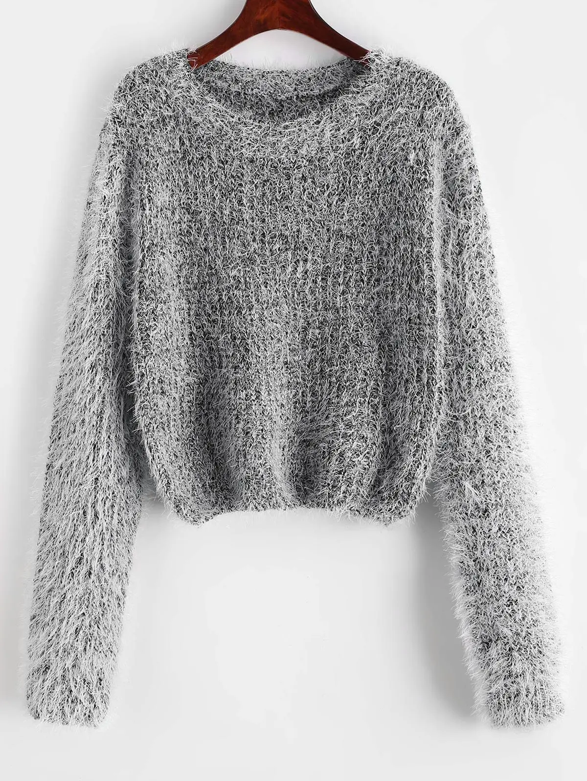 ZAFUL Pullover Fuzzy Heathered Sweater Fluffy Faux Fur Short Round Neck Elastic Daily Women Autumn Winter Pullovers Tops | Женская