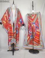 two pieces suit african fashion printed free size twill silk kimonos pants for women casual european beach kaftan clothes