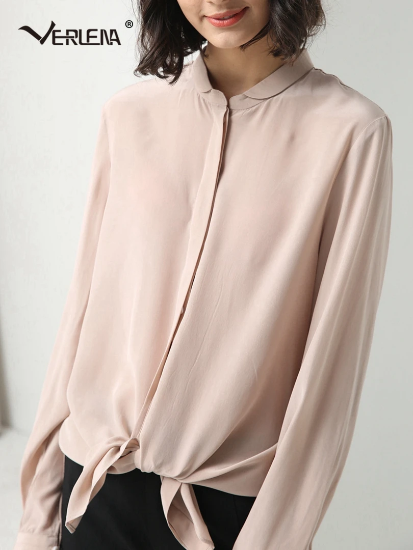 Verlena Питер Пэн воротник 100% Толстая шелковая блузка женская элегантная с бантом