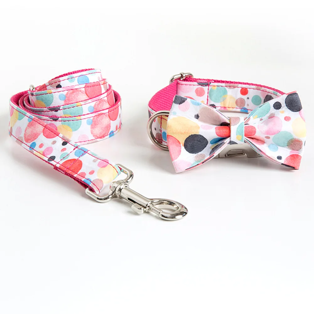 

Dog Collar and Leash Set with Bow Tie Pretty Tropical Leaves Metal Buckle Big and Small Dog&Cat Collar Pet Accessories