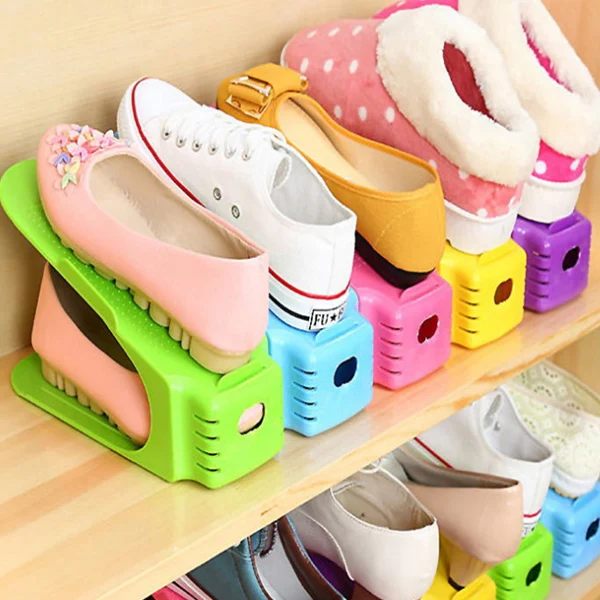 HOT Simple Shoes Rack Solid Color Plastic Double Adjustable Layer Stereo Receive Storage Hanger Saves Pace NDS | Дом и сад