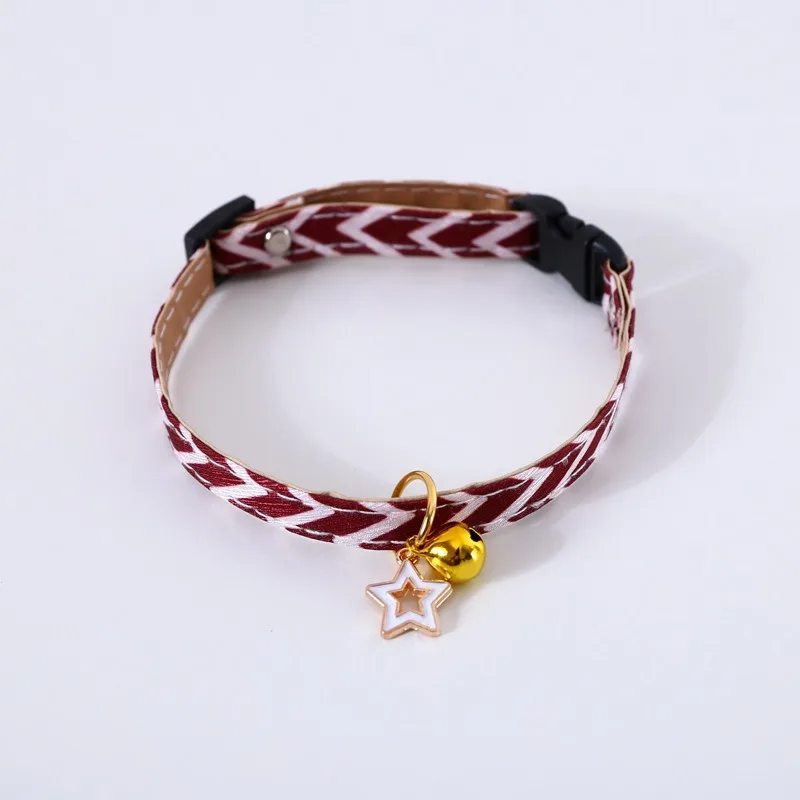 

Pentagram Geometry Striped Bell Adjustable Pet Cat Dog Release Buckle Collar/Necklace PU Leather