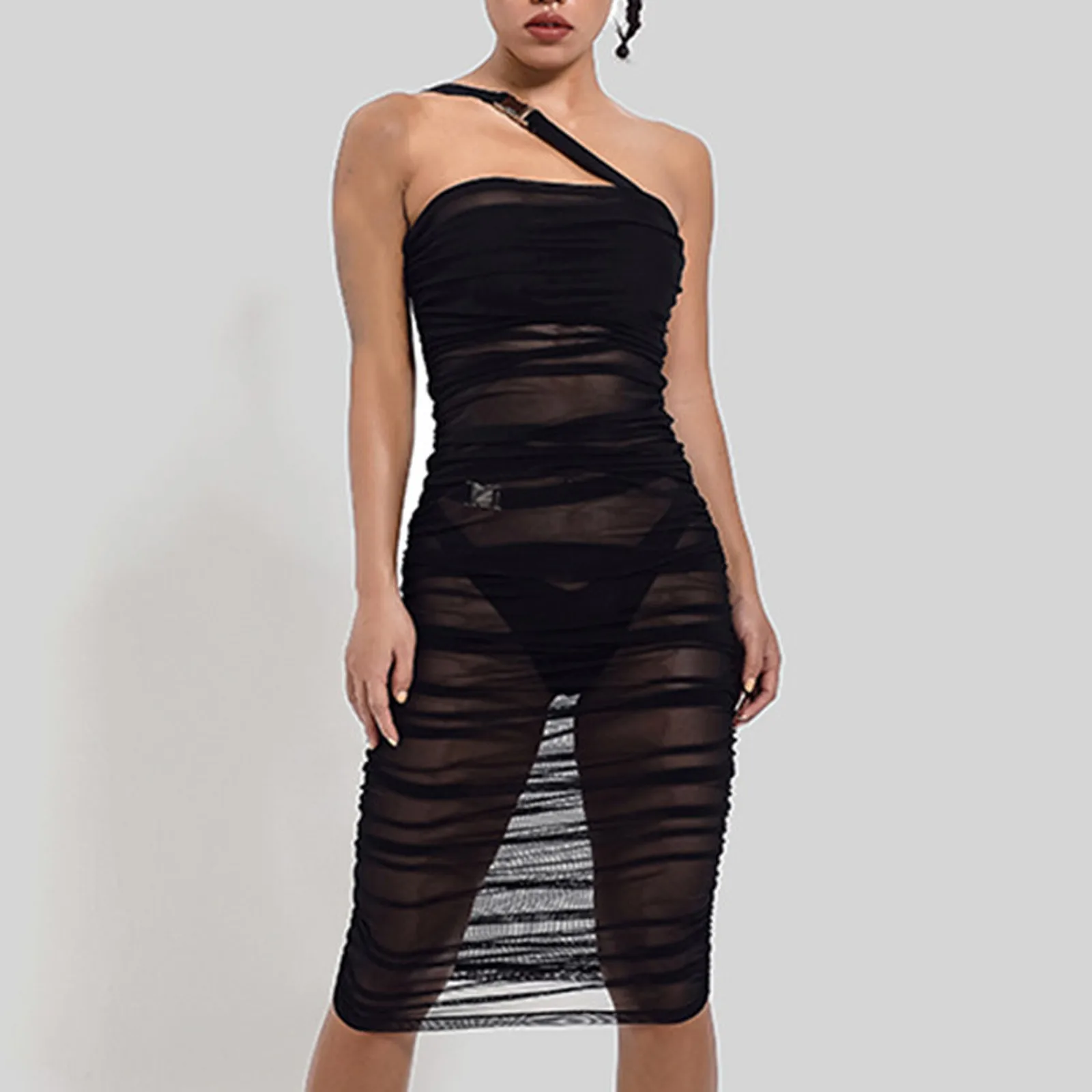 

Swimwear Women Mesh Sheer Bikini Cover-ups Spaghetti Solid Color Slim See-through Long Skirt Crop Cover Up Skirts Beach Dresses