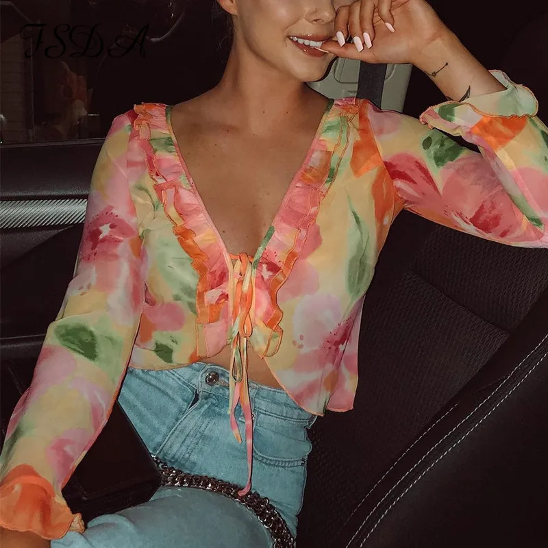 

Y2K Women Long-sleeved Blouse with Ruffle Decoration Printed Mesh Perspective Design Summer Clothing