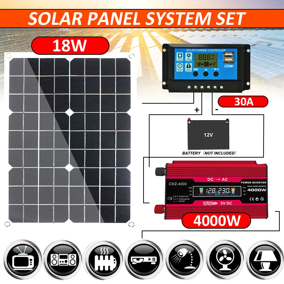 

110V/220V Solar Panel System 12V 18W Solar Panel 30A Charge Controller 4000W Solar Inverter Kit Complete Power Generation Kit