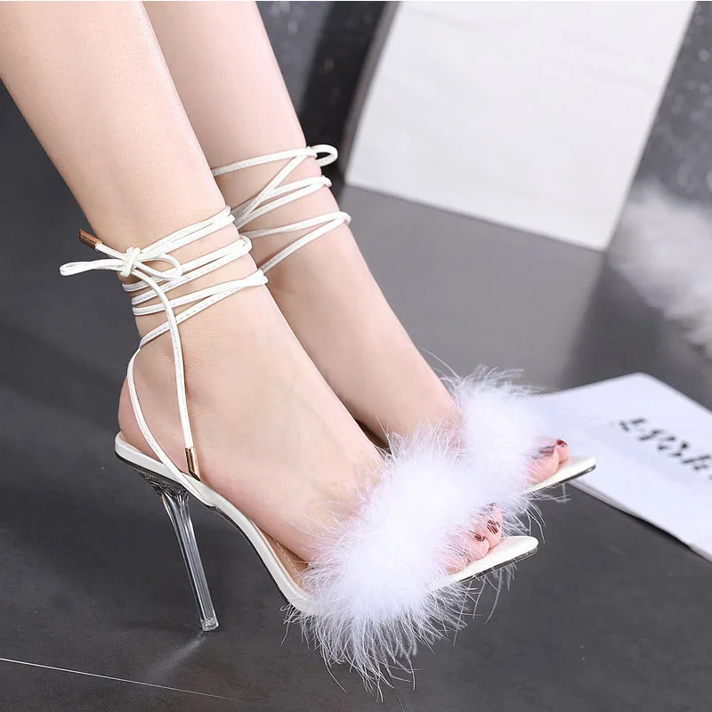

Summer shoes woman pointed toe snake print high heels sexy feather women sandals ankle cross strap transparent clear heel 2020