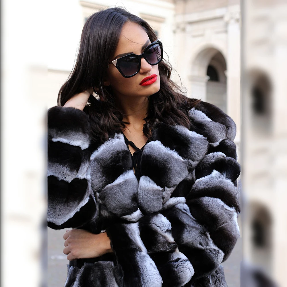 Women Winter Real Fur Coats Outwear 2022 New Trendy Luxury Chinchilla Color Genuine Rex Rabbit Fur Coat Whole Skin Overcoats enlarge