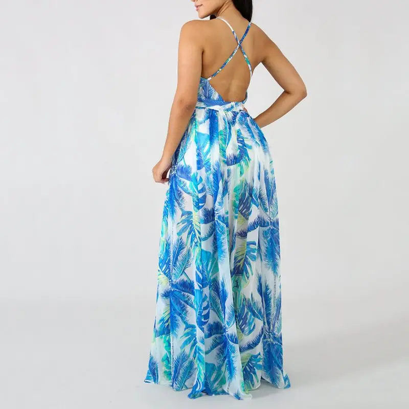 Летнее женское шифоновое макси-платье с открытой спиной Пляжное Платье в стиле