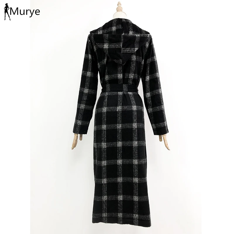 Женское винтажное пальто в клетку твидовое с капюшоном и поясом | Женская одежда