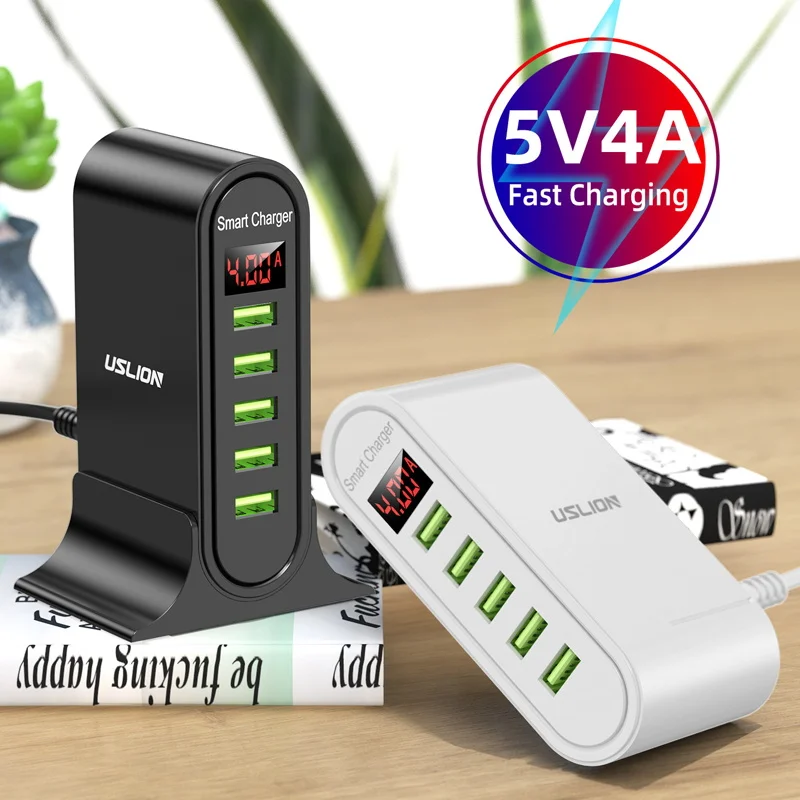 

5 Port USB Charger For Xiaomi iPhone LED Display Multi USB 5V 4A Fast Charging Station Phone Desktop Wall Home Charger Adapter