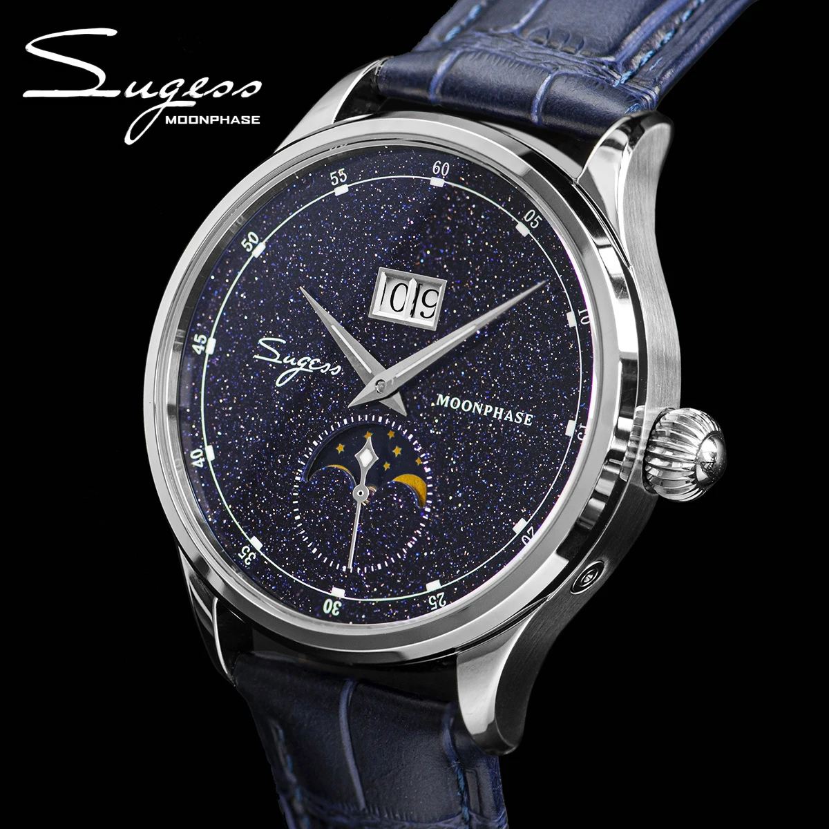 

Sugess Mens Watch Limited Edition Moonphase 316L Stainless Steel Case Seagull ST2528 Movement Luxury Gemstone Stars Dial Gift