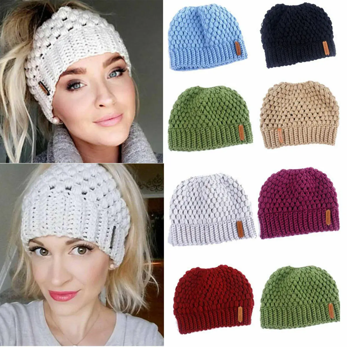 

Winter Knitting Warm Hats Caps Winter Women Hat Ladies Girl Stretch Knit Hat With Tag Messy Bun Ponytail Beanie Holey Hats