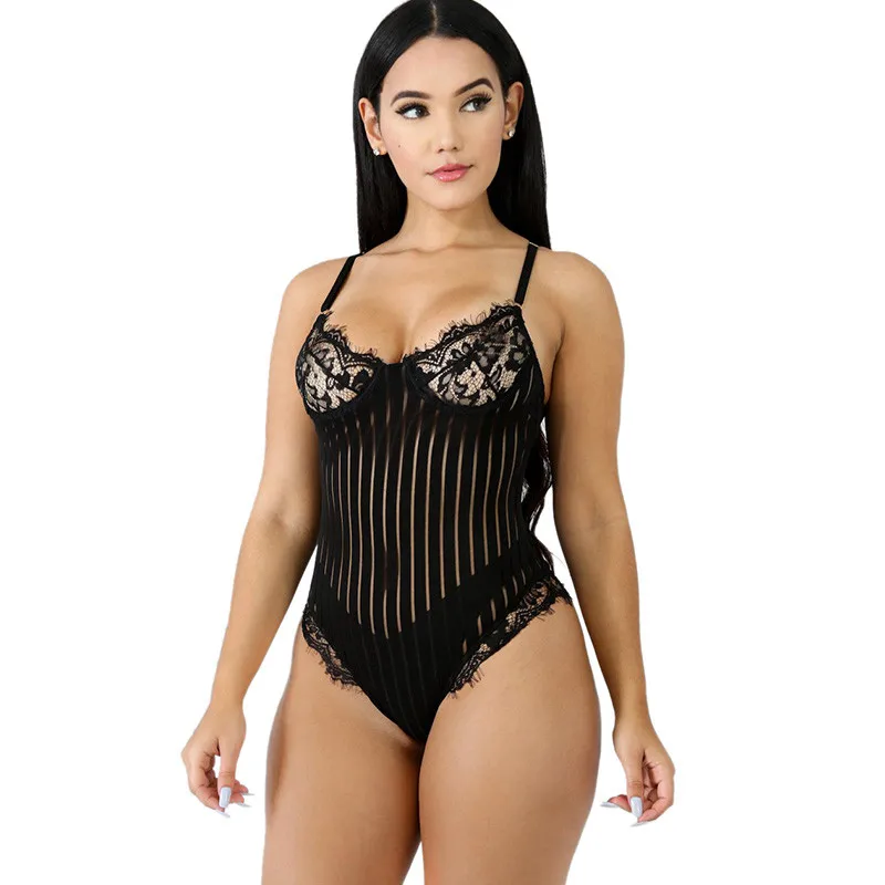 

Sexy Body Fitness Black White Lace Bodysuit Rompers Women Jumpsuit Sleeveless Backless Hollow Out Sheer Mesh Playsuits Leotard