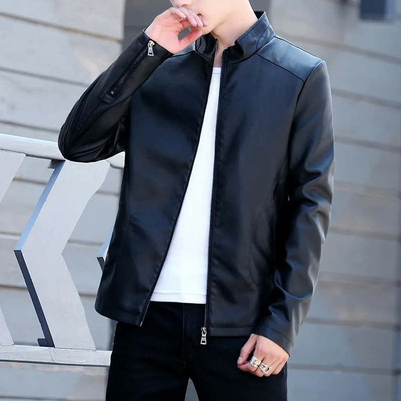 

2020 Men's PU Leather Jacket Solid Long Sleeve Stand Collar Zipper Spring Autumn Vintage Decor High Quality Male Slim Coat