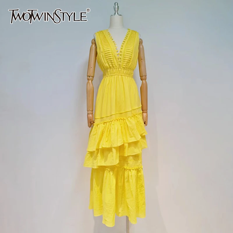 

TWOTWINSTYLE повседневное желтое летнее платье для женщин с v-образным вырезом без рукавов с высокой талией и оборками миди платья для женщин 2021 м...
