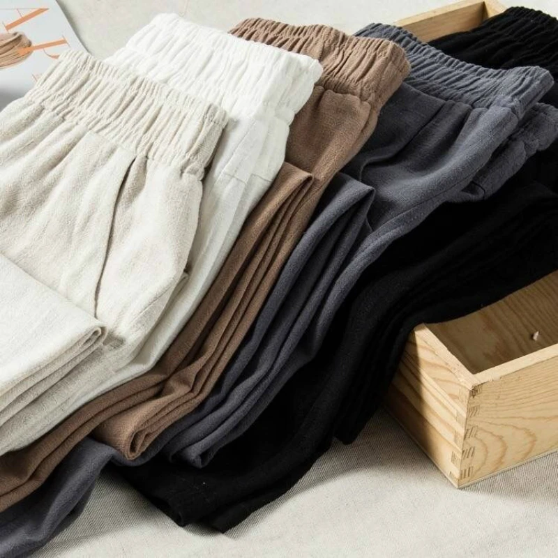 

Cotton Linen Pants 2021 Summer Autumn Women High Waist Casual Loose Broadcloth Elastic Waist Ankle-length Grey Black Trousers