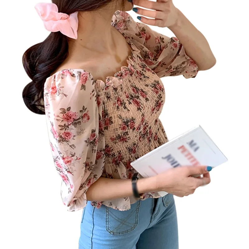

Sweet Short Shirt Women's Spring And Summer Bubble Sleeve Printed Short Sleeve Tops'