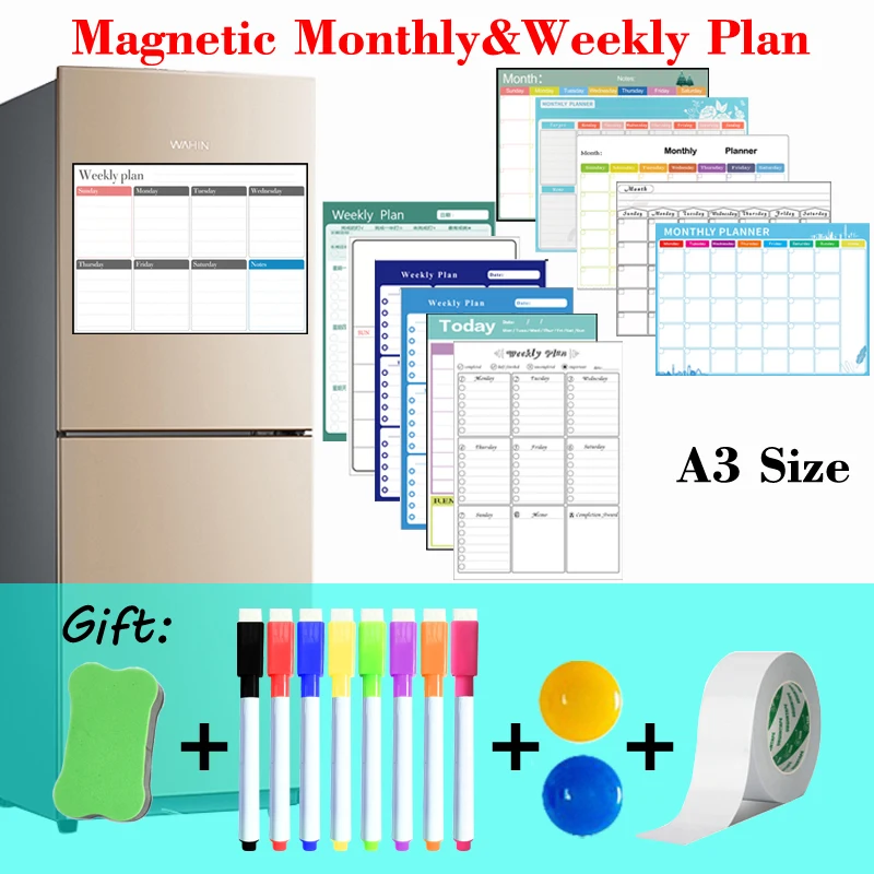 

A3 Size Self-discipline Table Monthly Weekly Planner Refrigerator White Board Dry Erase Calendar Magnetic Whiteboard Menu Plan