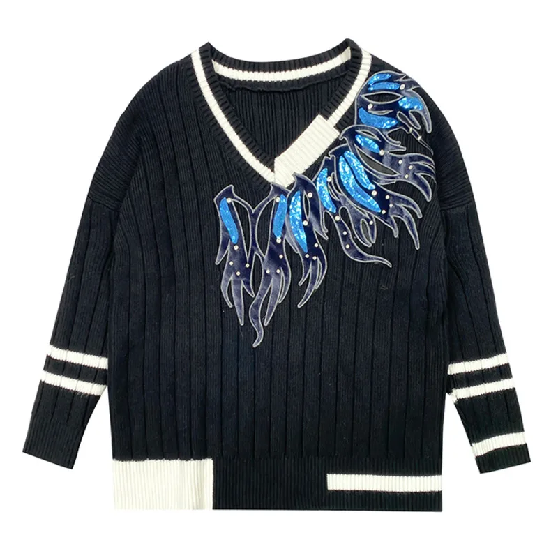 

Vefadisa V-neck Sequin Print Sweater Women 2020 Autumn Pullover Knitted Coat Fashion Streetwear Outerwear Sweater Loose QYF4227
