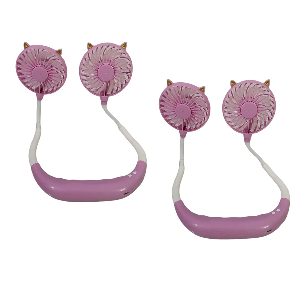 

2pcs Personal Mini Neck Hanging Cooling Fan LED USB Sports Lazy Fan Pink