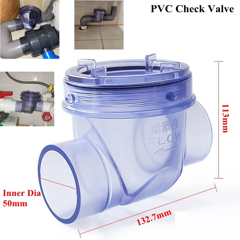 1pc 50mm PVC Check Valve Kitchen Sewer Pipe Anti-Backflow One-Way Valve Garden Irrigation Aquarium Water Pipe Connector Fittings