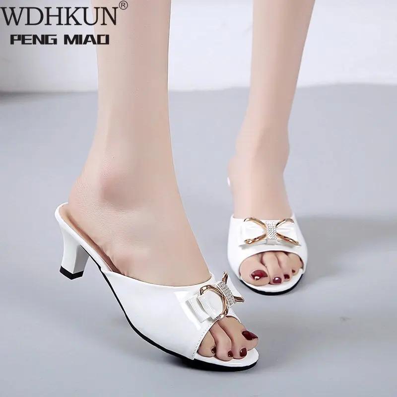 

Women Cute White Pu Leather Open Toe Slip on High Heel Shoes for Summer Party Lady Fashion Black Heel Pumps